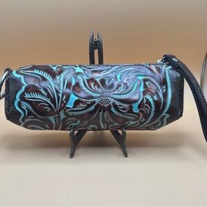 Patricia Nash Floral Embossed Brown and Teal Wristlet